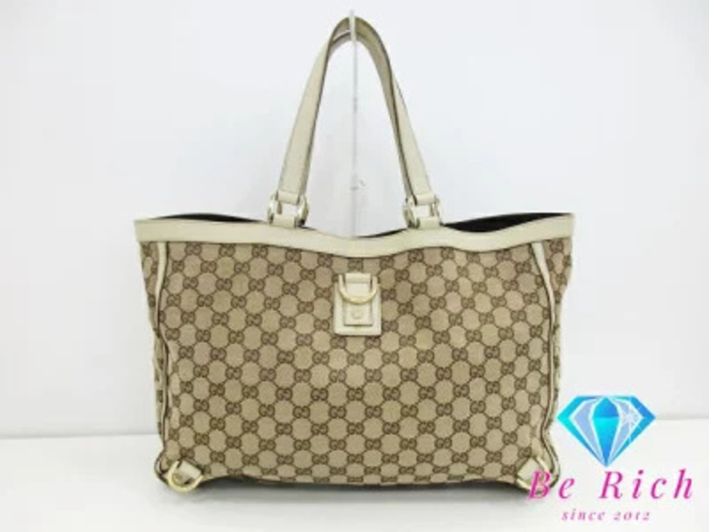Gucci Tote Bag GG Abbey Beige Ivory White Canvas Leather Handbag Shoulder